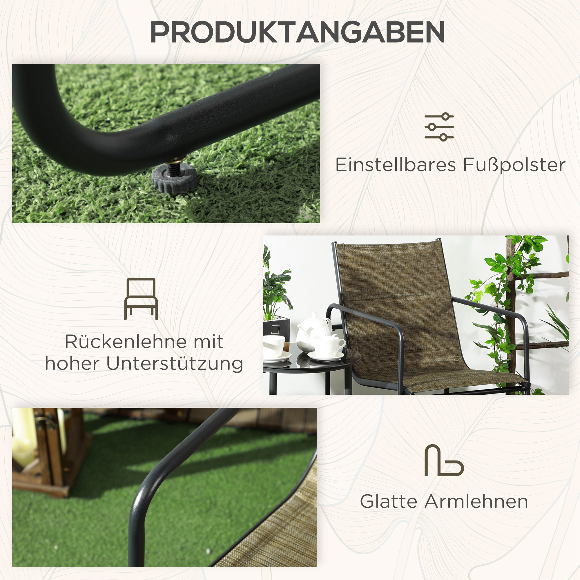 Details eines Stuhls, einschließlich Fußstütze, Rückenlehne und Armlehnen.