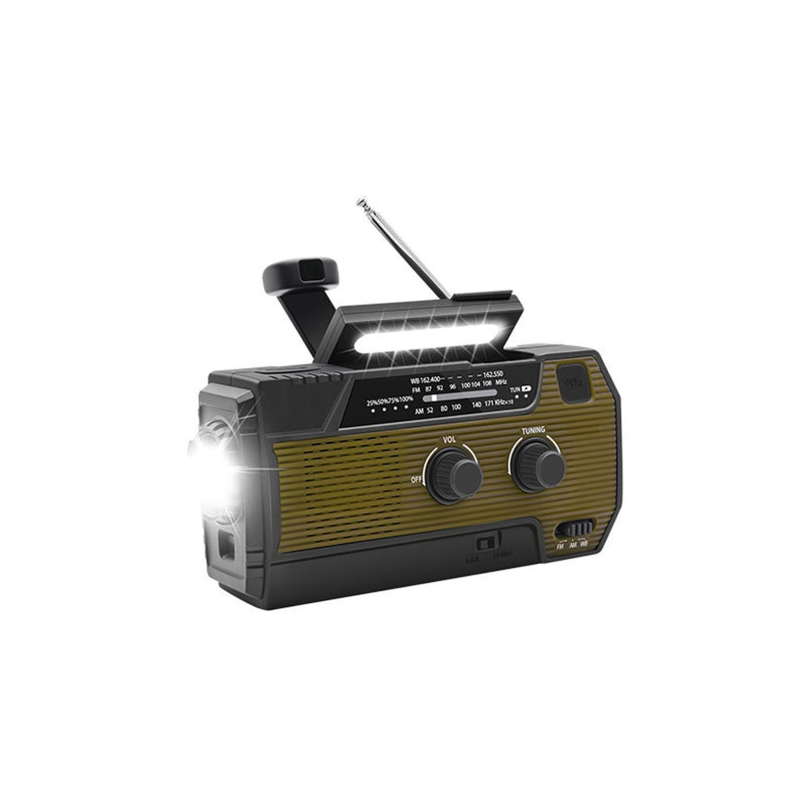 Olivgrünes und schwarzes Kurbelradio mit Taschenlampe und Antenne.