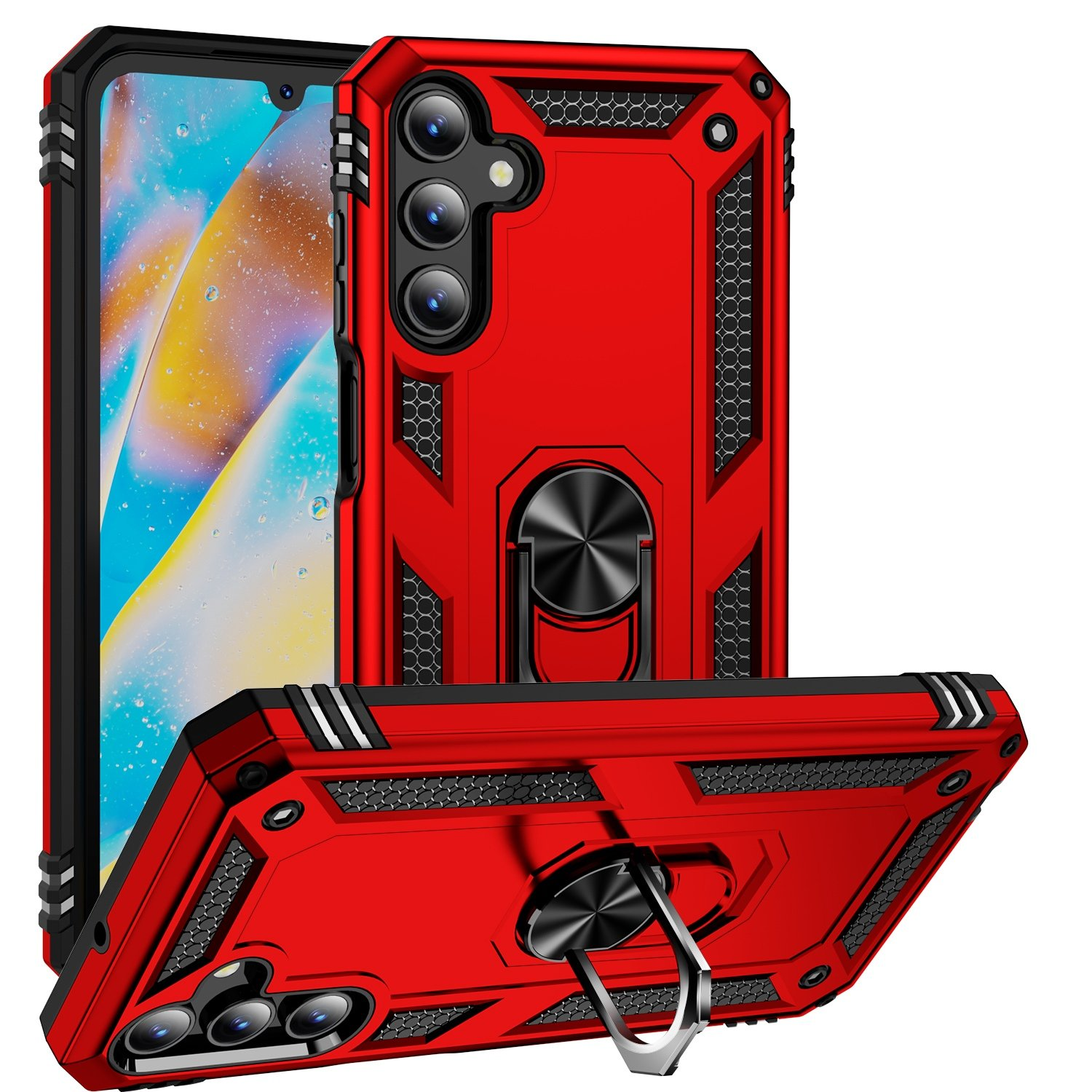 Funda roja para teléfono con soporte de anillo. Se muestran una funda y un teléfono juntos.