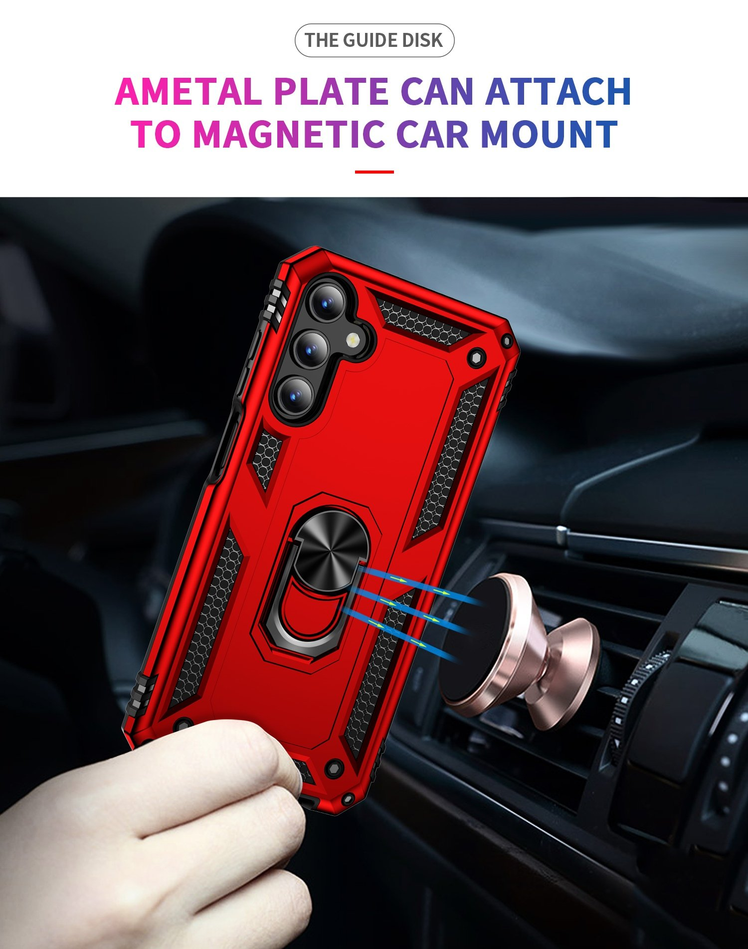 Teléfono rojo con funda y soporte de anillo, fijado a la ventilación del coche, texto sobre soporte magnético.