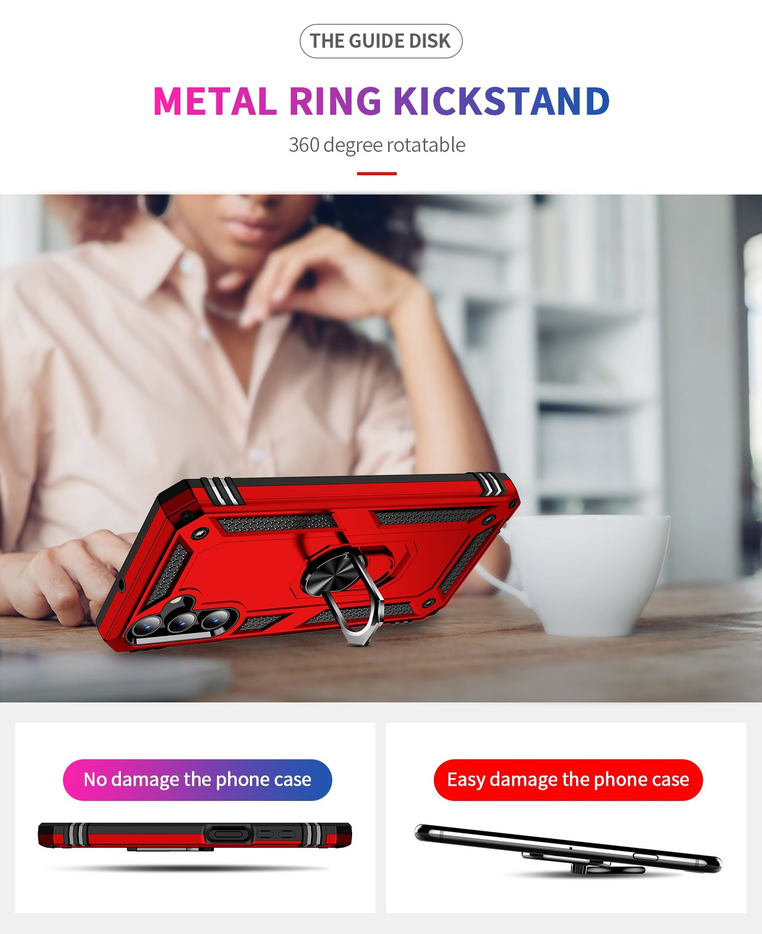 Funda roja para teléfono con soporte de anillo, que se muestra en uso como soporte en una mesa con una taza.