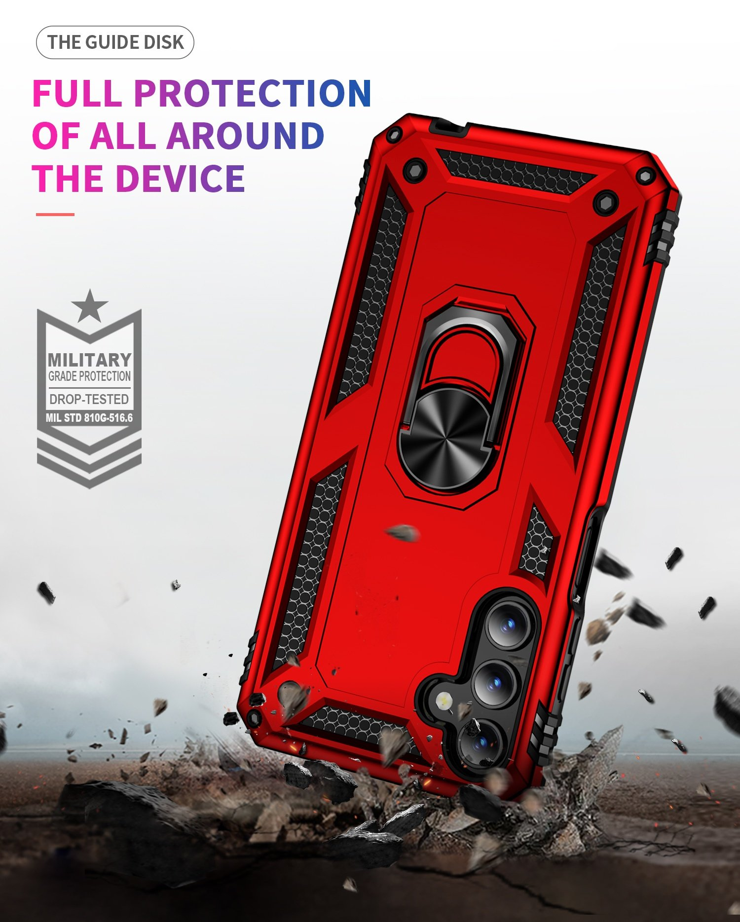 Funda roja para teléfono con soporte de anillo, rodeada de escombros. Sobre un fondo blanco.