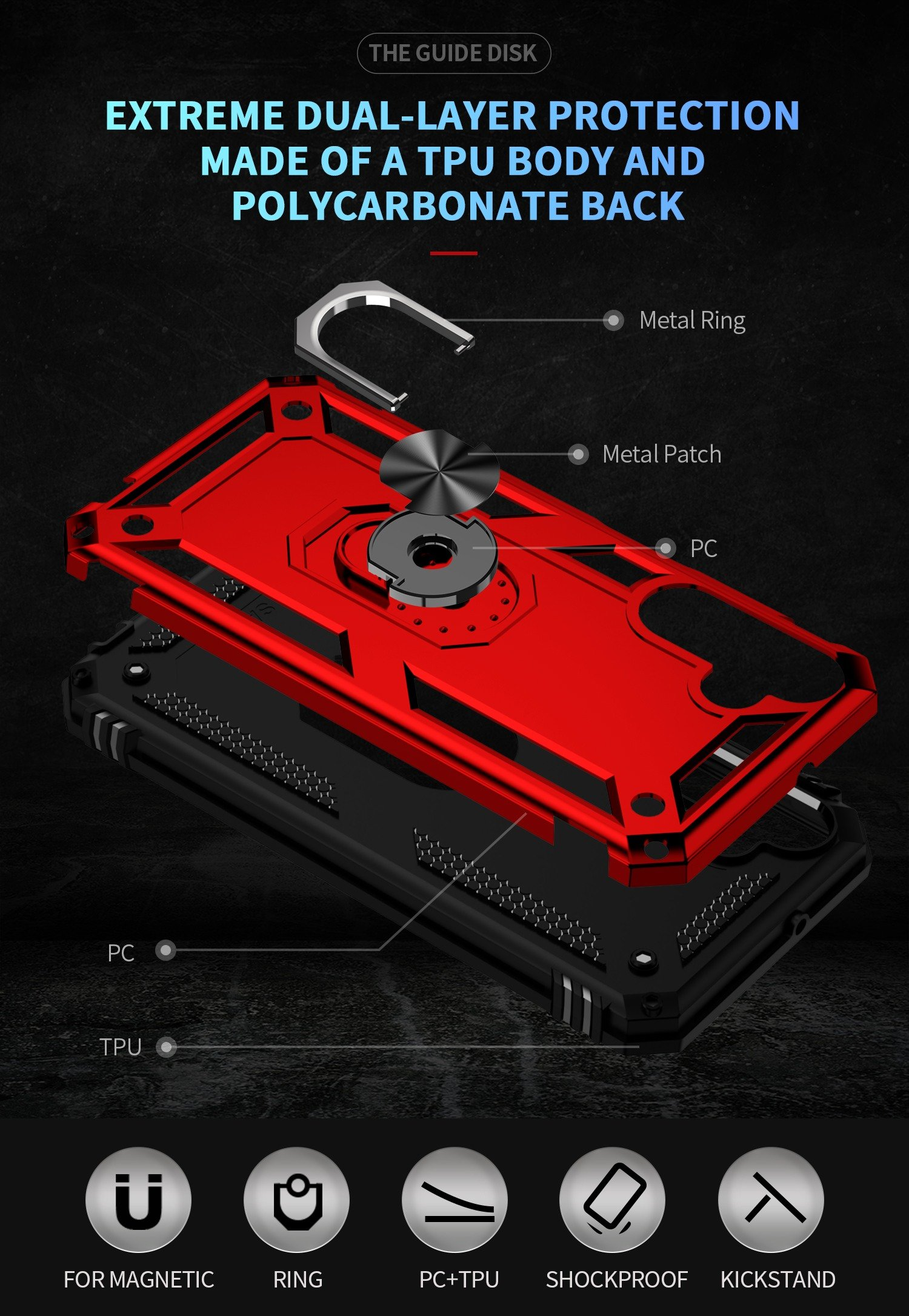 Diagrama de una funda de teléfono con soporte para anillo y texto. La funda está hecha de TPU y PC para protección.