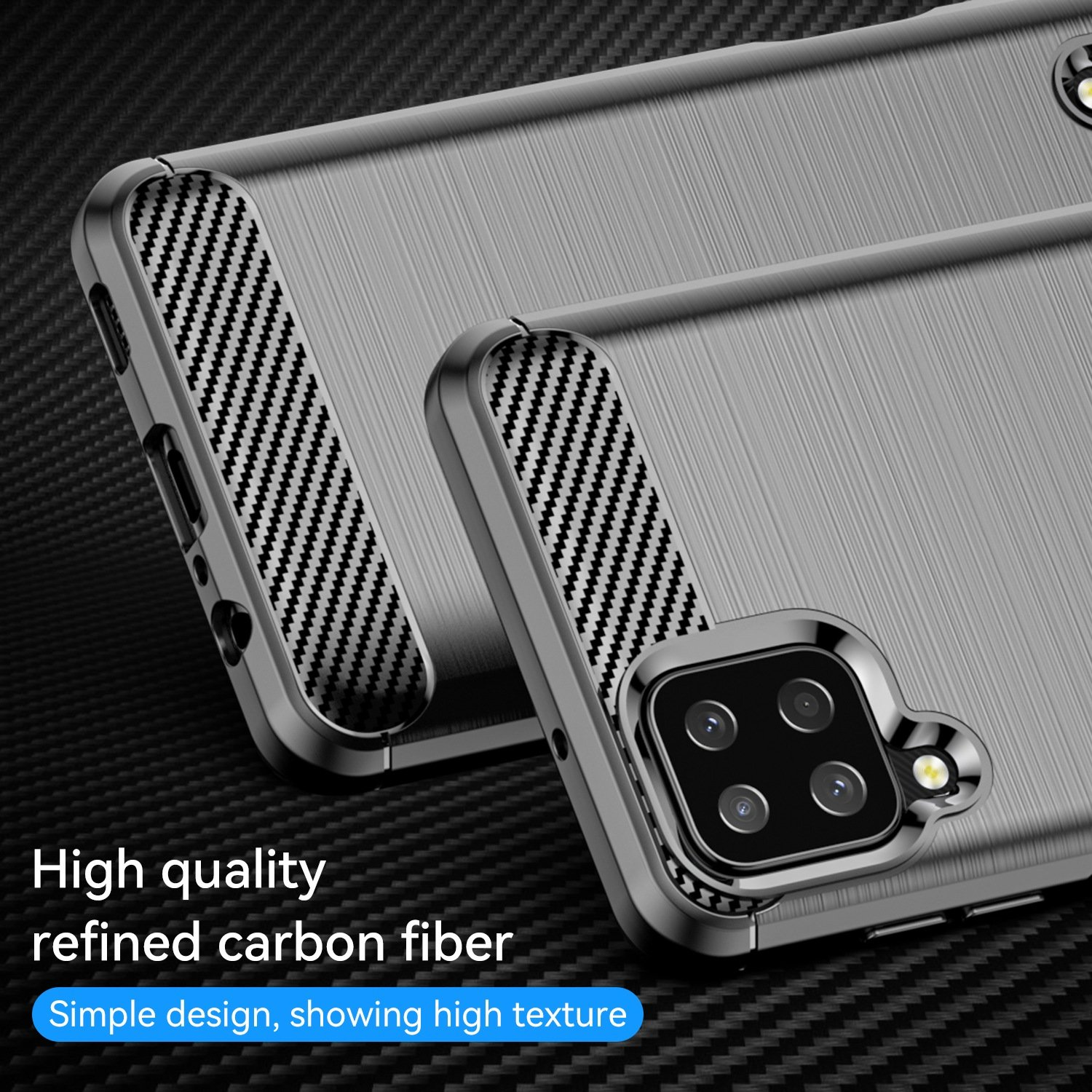 Primer plano de funda con detalles de fibra de carbono. Muestra protección de cámara.