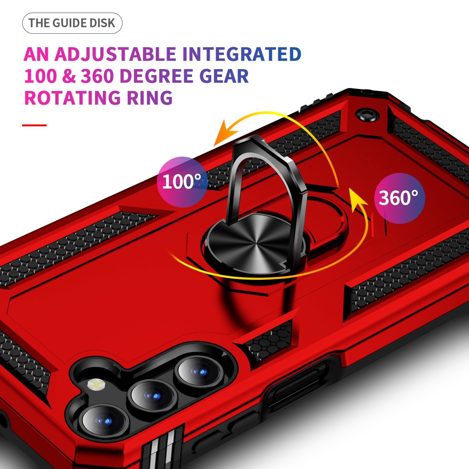 Funda roja con soporte de anillo. Flechas a 100 y 360 grados. Texto: Anillo giratorio.
