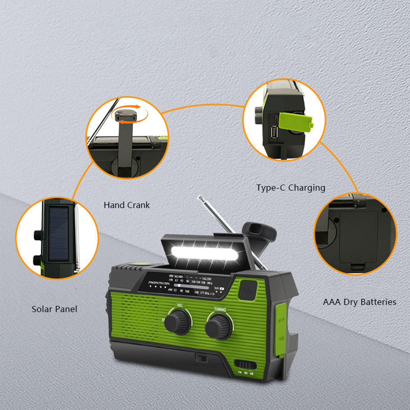 Grünes und schwarzes tragbares Radio mit Solarpanel, Handkurbel und Ladefunktion.