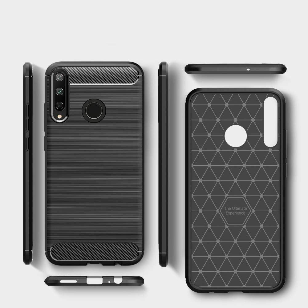 Funda de teléfono negra con diseño texturizado, múltiples vistas y detalles de fibra de carbono.
