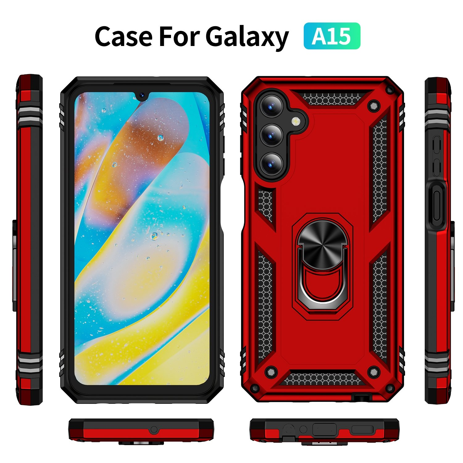 Funda roja para Galaxy A15, con soporte de anillo y múltiples recortes para cámara.