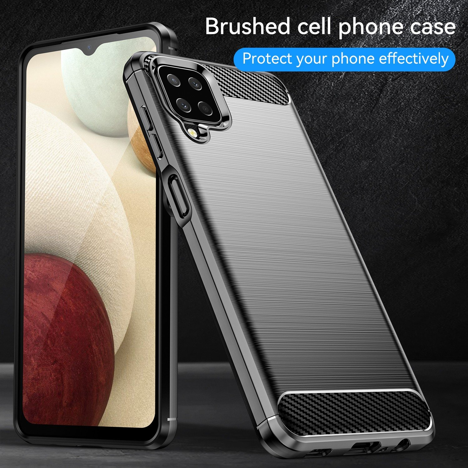 Teléfono negro con funda negra de textura cepillada, sobre fondo negro.