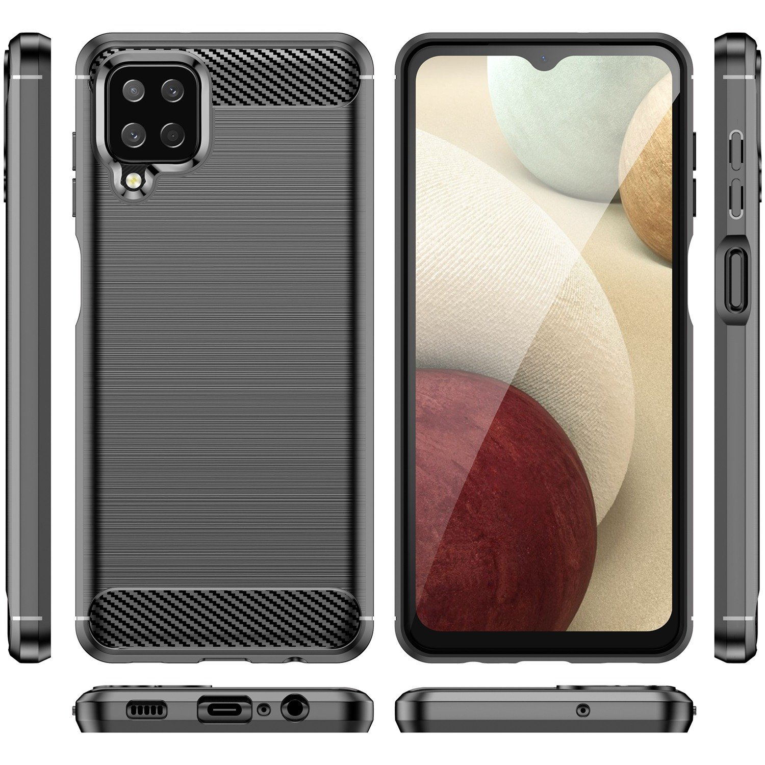 Funda de teléfono con teléfono. Funda negra con aspecto de fibra de carbono. Teléfono con pantalla colorida. Vistas múltiples.