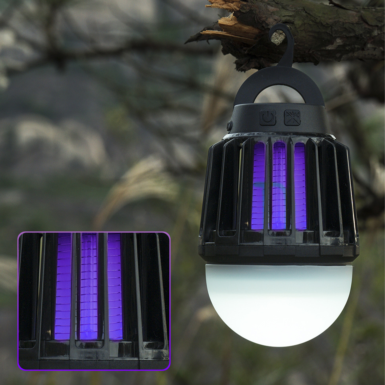 Schwarzer Insektenvernichter. Verfügt über ein Licht und ein violettes Leuchten. Verschwommener Hintergrund.