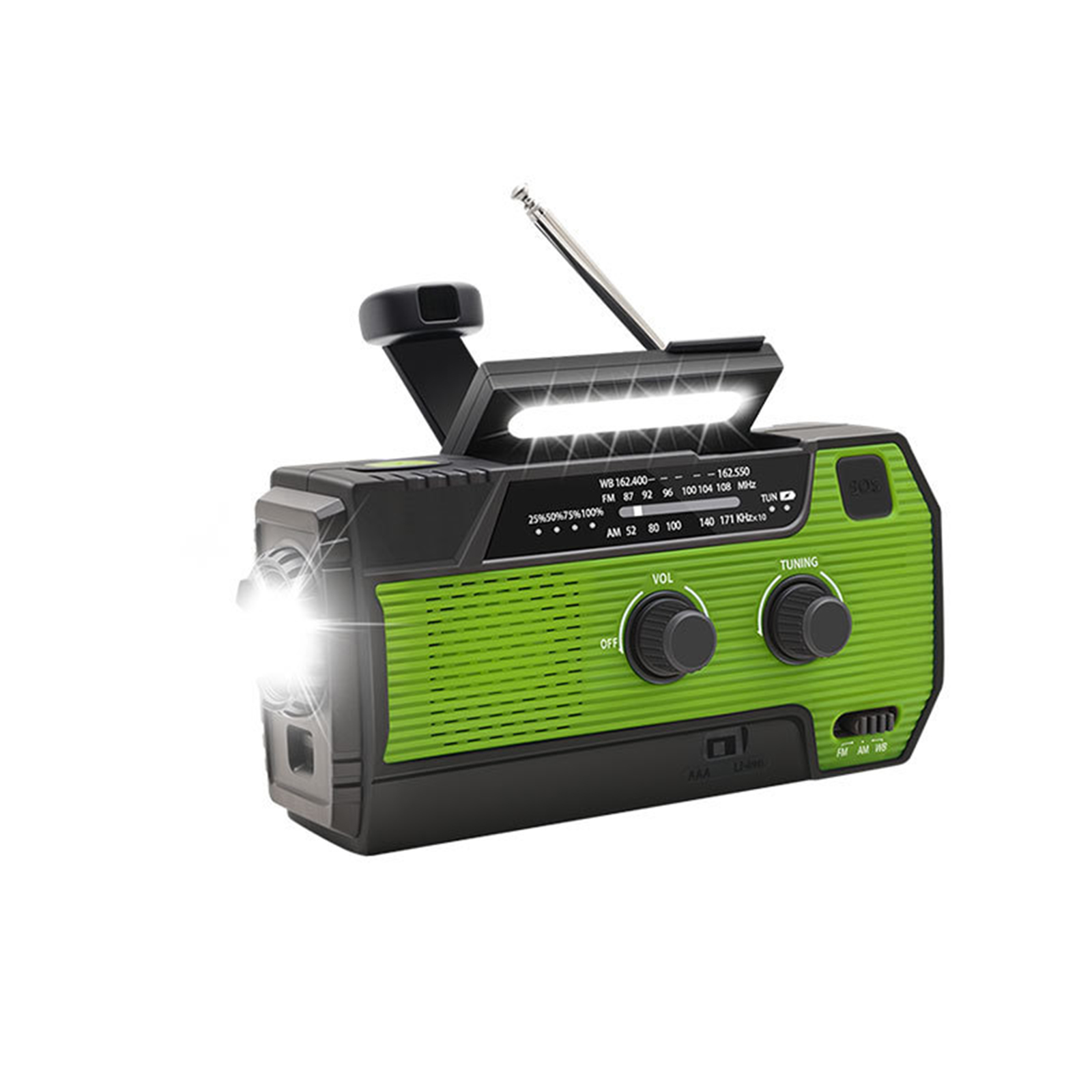 Grünes und schwarzes Notfallradio mit Taschenlampe und Kurbel, mit Knöpfen und Reglern.