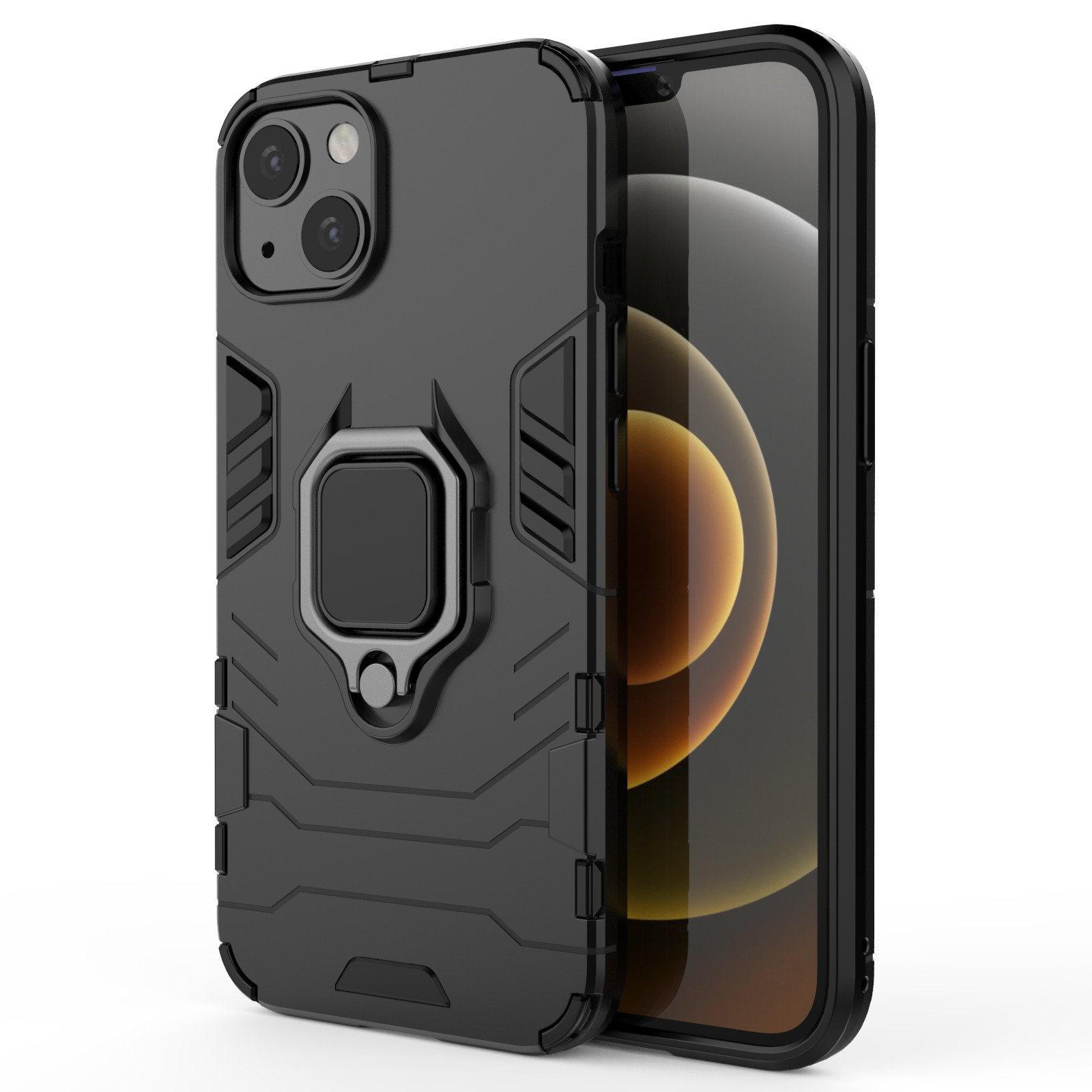 Funda de teléfono negra con soporte de anillo y pantalla. El teléfono está en la funda.