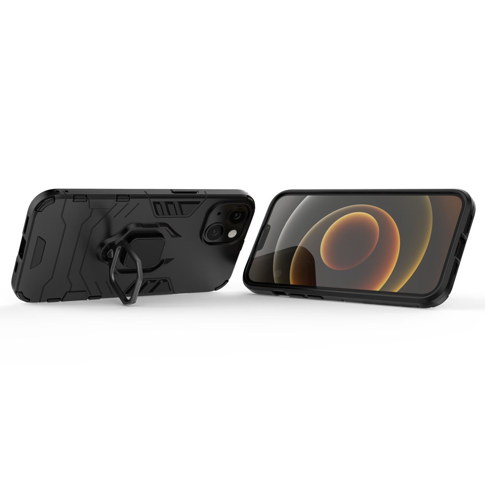 Dos teléfonos negros con fundas. Cada funda tiene un soporte para anillo y un diseño trasero en ángulo.