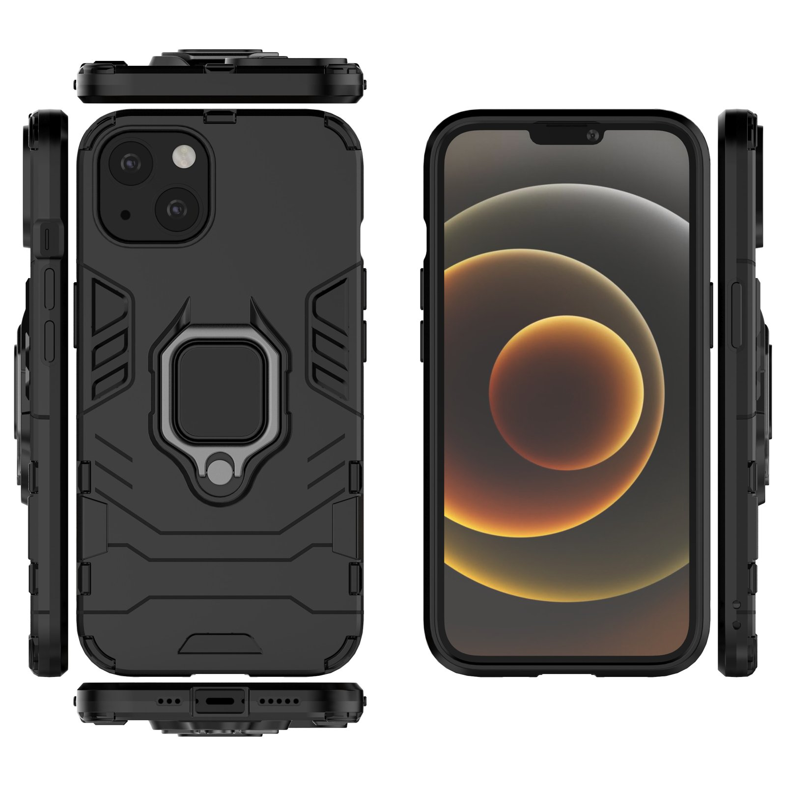 Funda negra con soporte de anillo. La pantalla del teléfono muestra un diseño moderno.