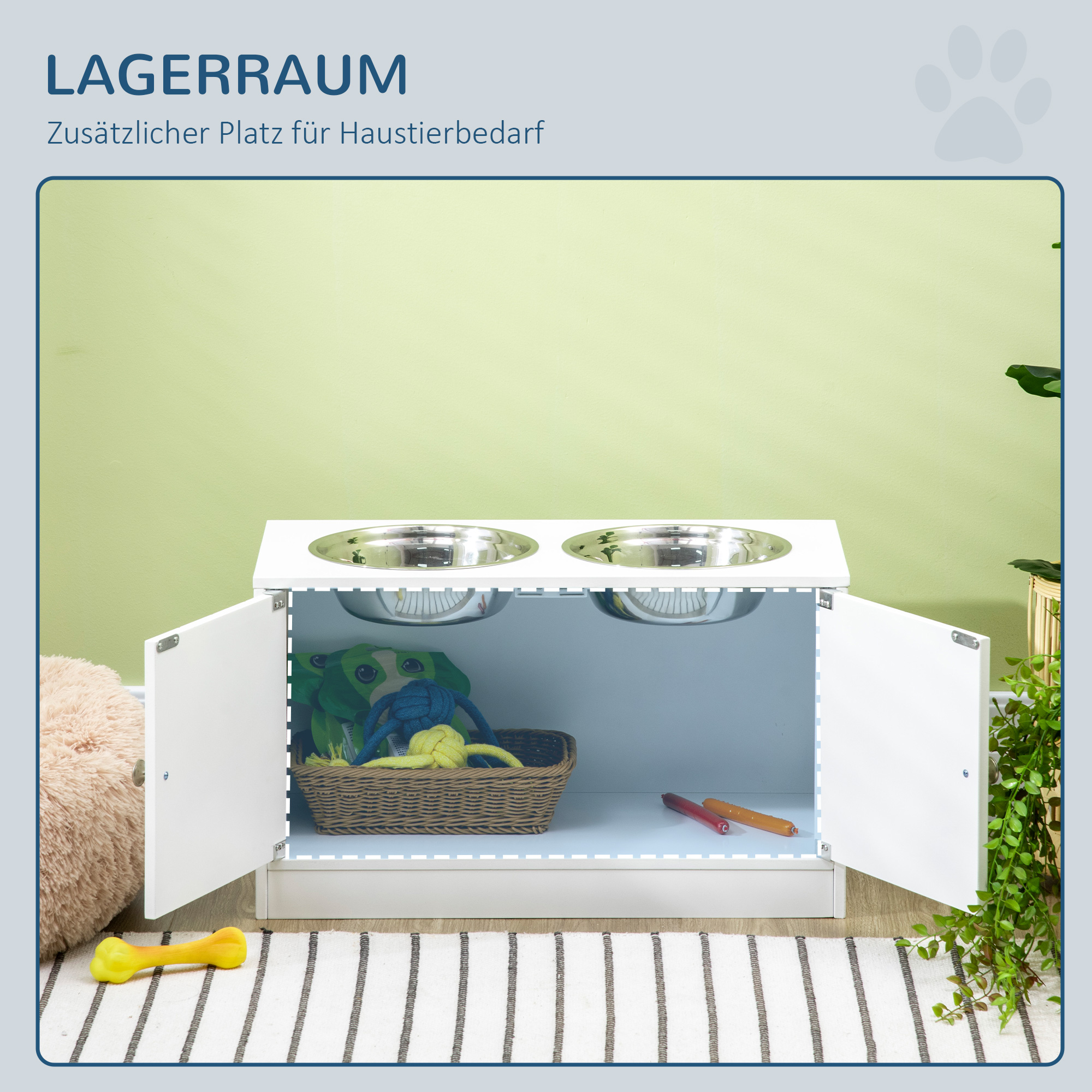 Weißer Futterschrank für Haustiere mit Näpfen und Stauraum.