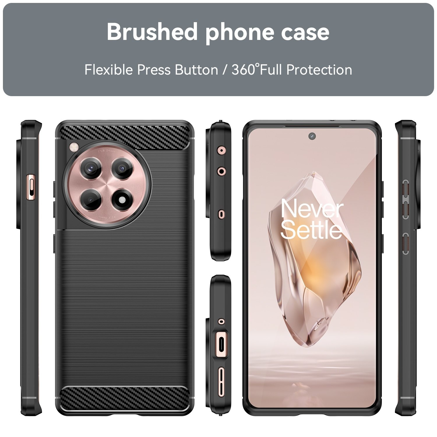 Funda negra para teléfono que muestra un teléfono con fondo claro y texto.