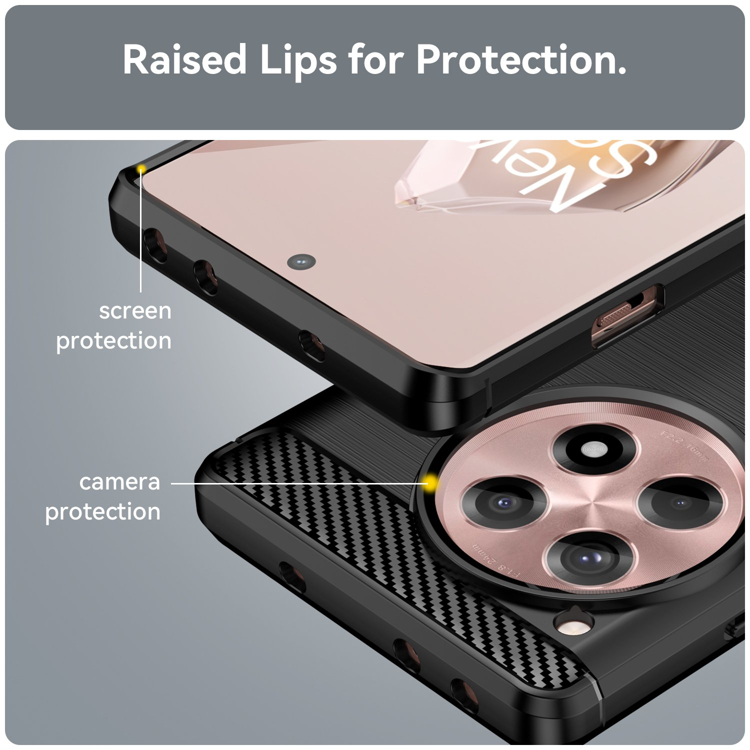 Una funda de teléfono con teléfono dentro. La funda es negra y tiene un diseño de borde elevado.