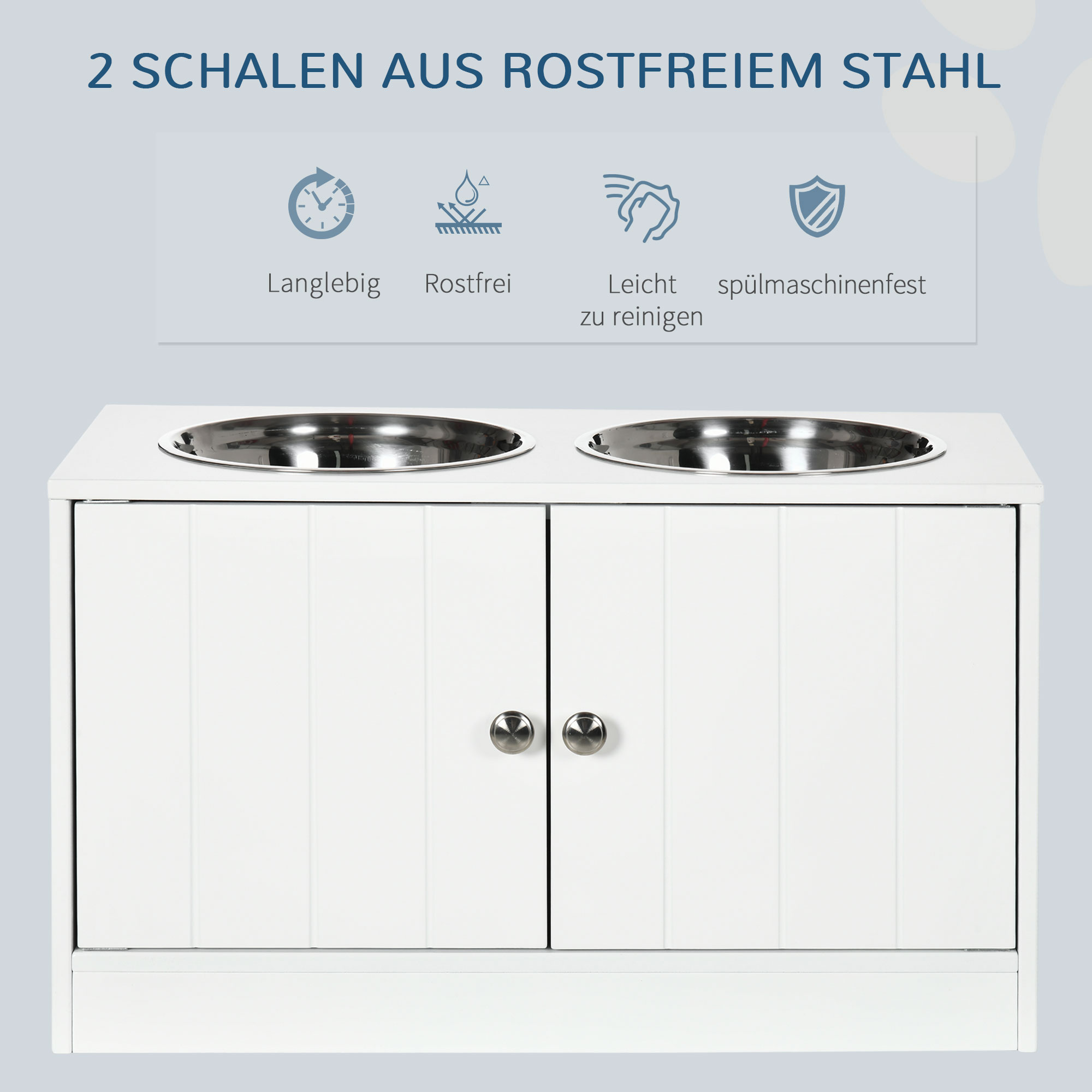 Ein weißer Futternapfschrank mit zwei Edelstahlnäpfen. Der Text lautet: langlebig, rostfrei, leicht zu reinigen.