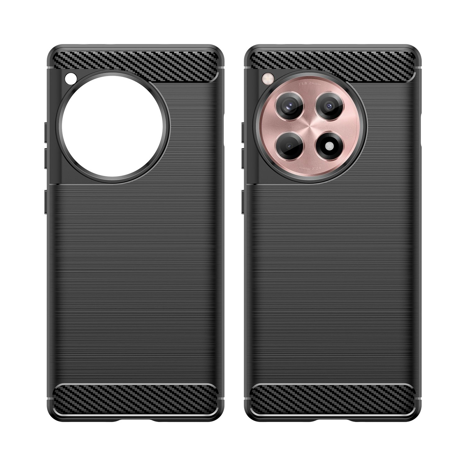 Funda negra con gran recorte de cámara y textura de fibra de carbono arriba y abajo.