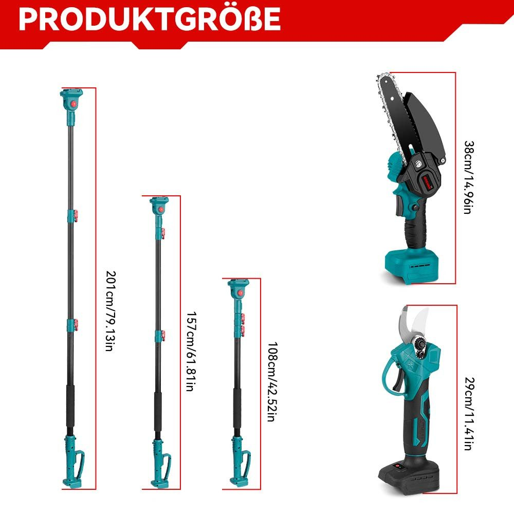 Verschiedene Gartengeräte, darunter eine Teleskop-Astsäge, eine Kettensäge und eine Gartenschere.