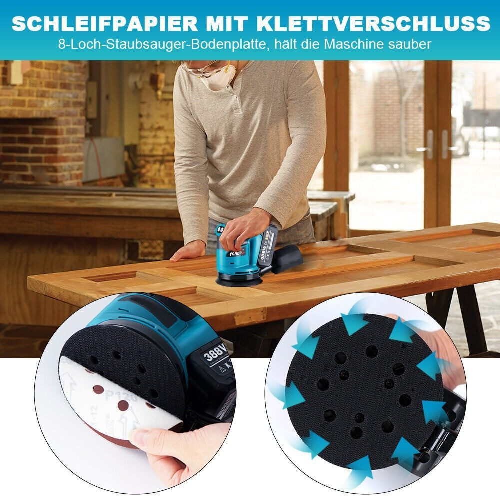 Ein Mann schleift eine Holztür mit einem Schleifer. Nahaufnahmen zeigen den Schleifer.
