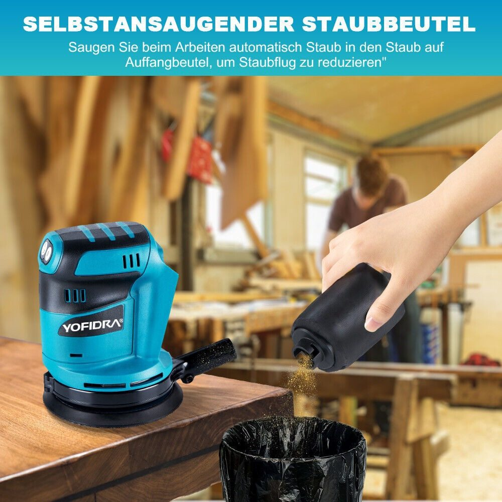 Ein Schleifer wird zum Reinigen einer Holzoberfläche verwendet. Ein Beutel wird mit Staub gefüllt.