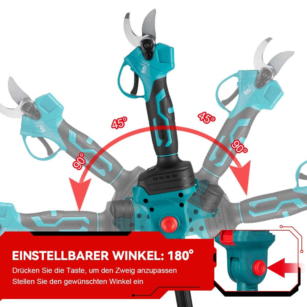Elektrische Baumscheren mit mehreren Winkeln, der Griff ist schwarz und türkis.