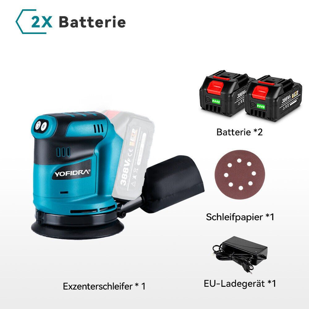 Ein blau-schwarzer Schleifer mit zwei Batterien, Schleifscheibe und Ladegerät.