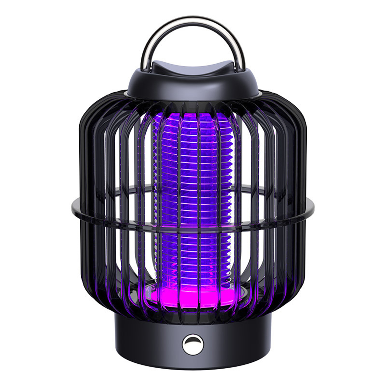 Ein schwarzer Insektenvernichter. Es hat ein Käfigdesign und strahlt ein violettes Leuchten aus, und einen Griff oben.