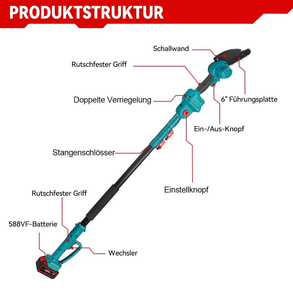 Eine teal-schwarze Stangensäge mit Etiketten. Zeigt Griff, Klinge, Akku und Einstellung.