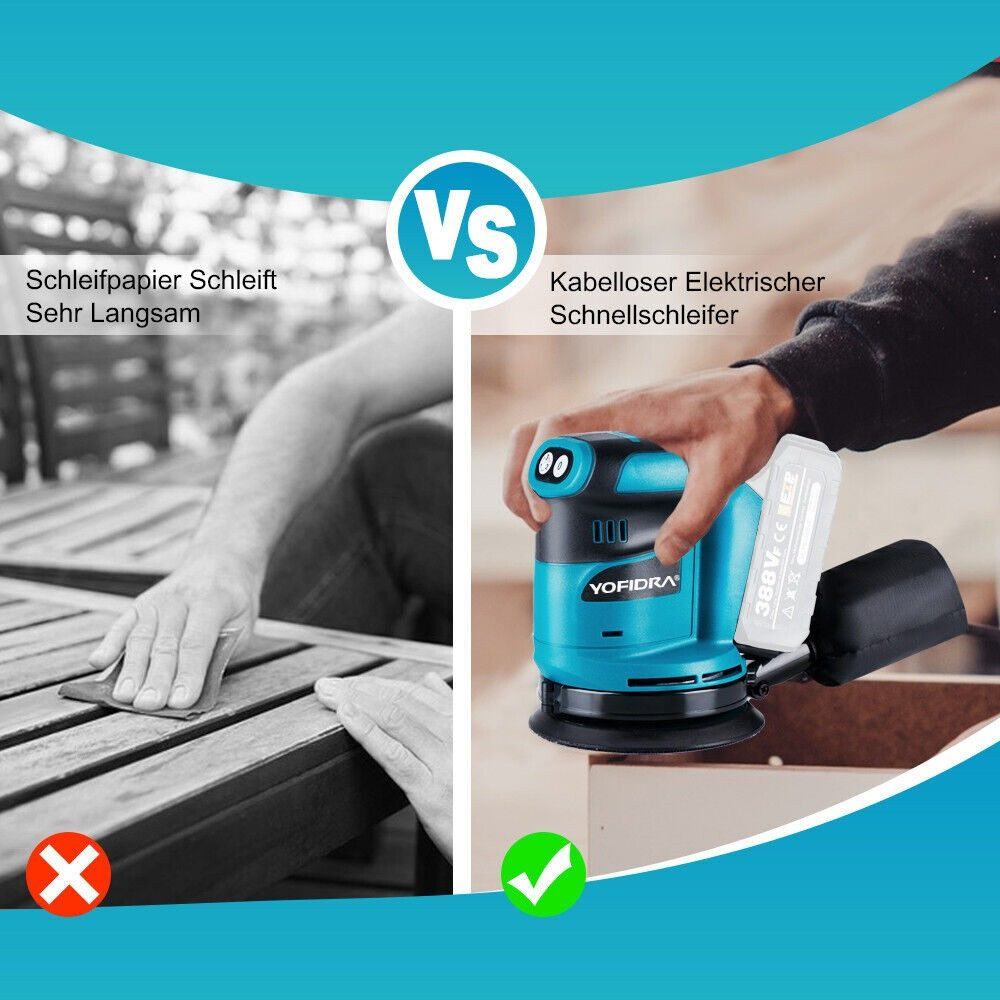 Vergleich: Handschleifen (schlecht) vs. Elektroschleifer (gut). Zeigt Holz und Werkzeuge.