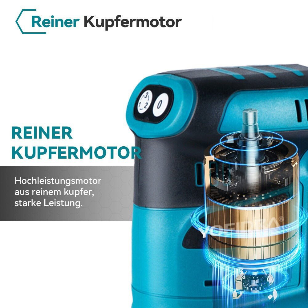 Nahaufnahme eines türkis-schwarzen Akkuschraubers mit Kupfermotor und Text, der seine Eigenschaften hervorhebt.