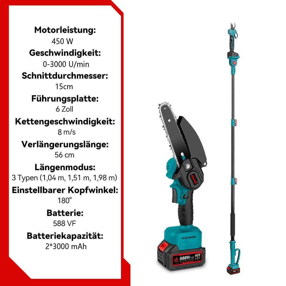 Elektrische Kettensäge und Teleskop-Kettensäge, mit Spezifikationen auf der linken Seite, auf weißem Hintergrund.