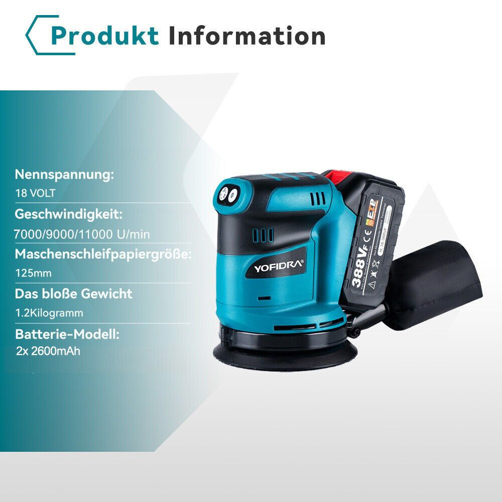 Blauer und schwarzer Schleifer mit Produktinformationen auf Deutsch.