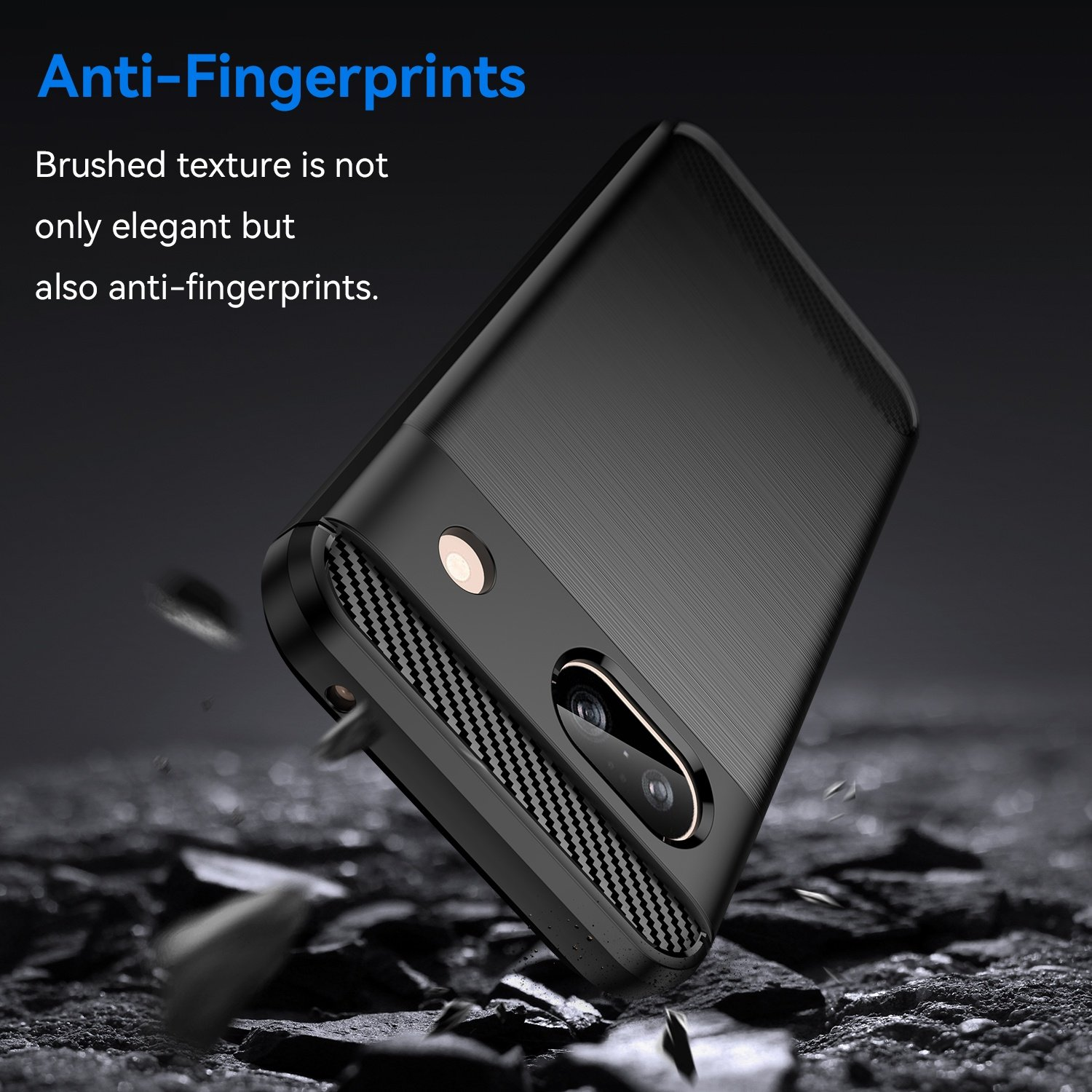 Funda negra con detalles de fibra de carbono, mostrando una configuración de cámara única.