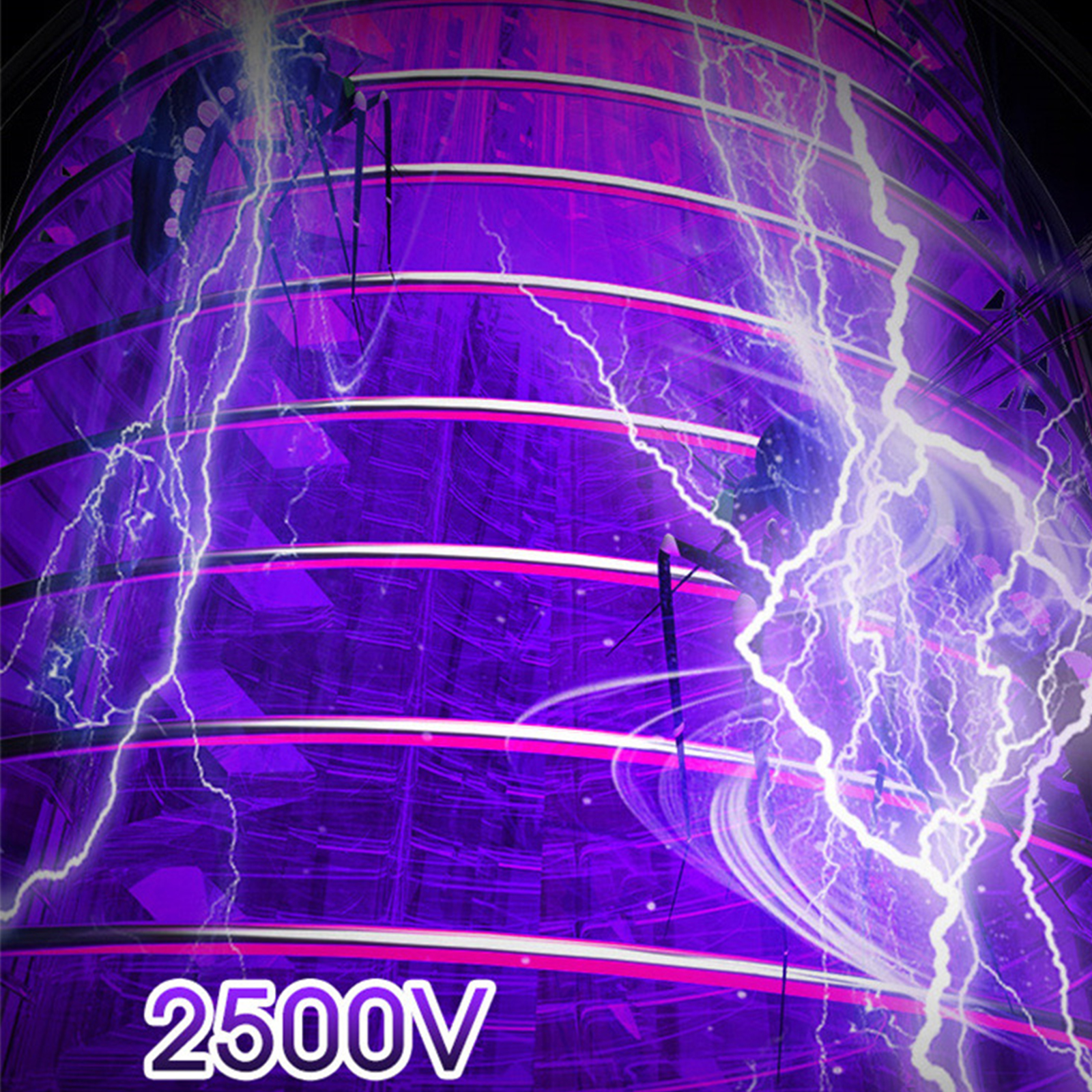Lila Energiefeld mit Blitzen. Text: 2500V.