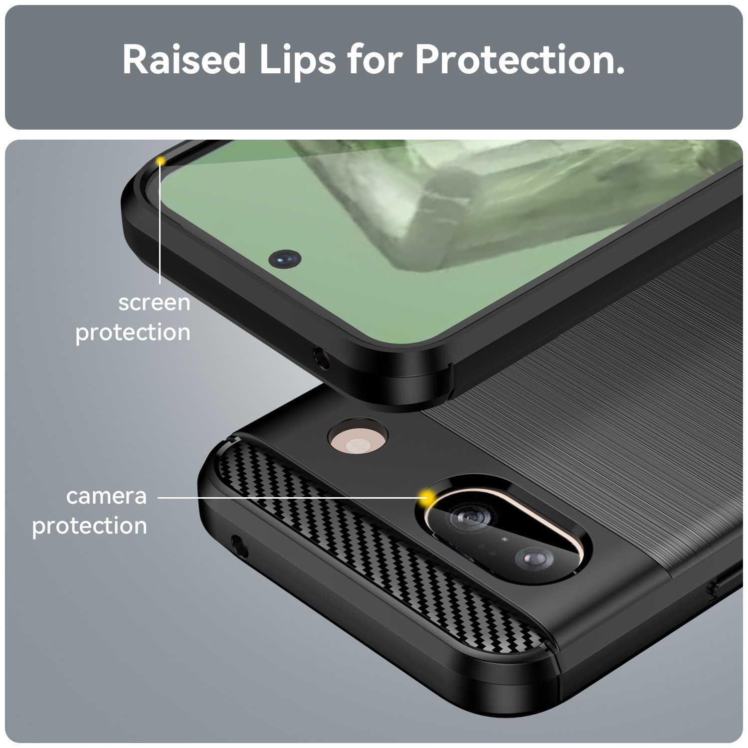 Funda de teléfono con teléfono. Funda negra con aspecto de fibra de carbono. Protección de pantalla y cámara.