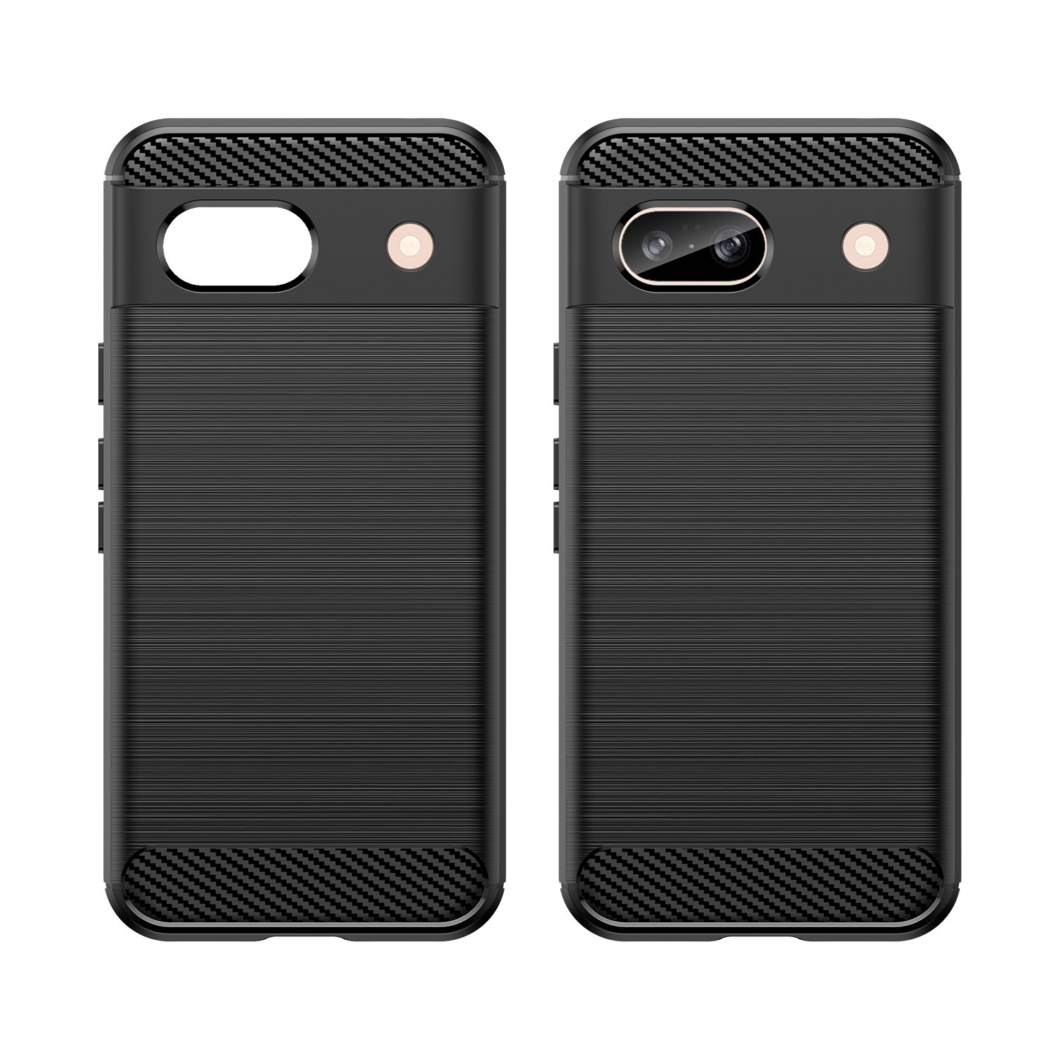 Dos fundas negras para teléfono con textura de fibra de carbono. El diseño incluye detalles de la cámara.