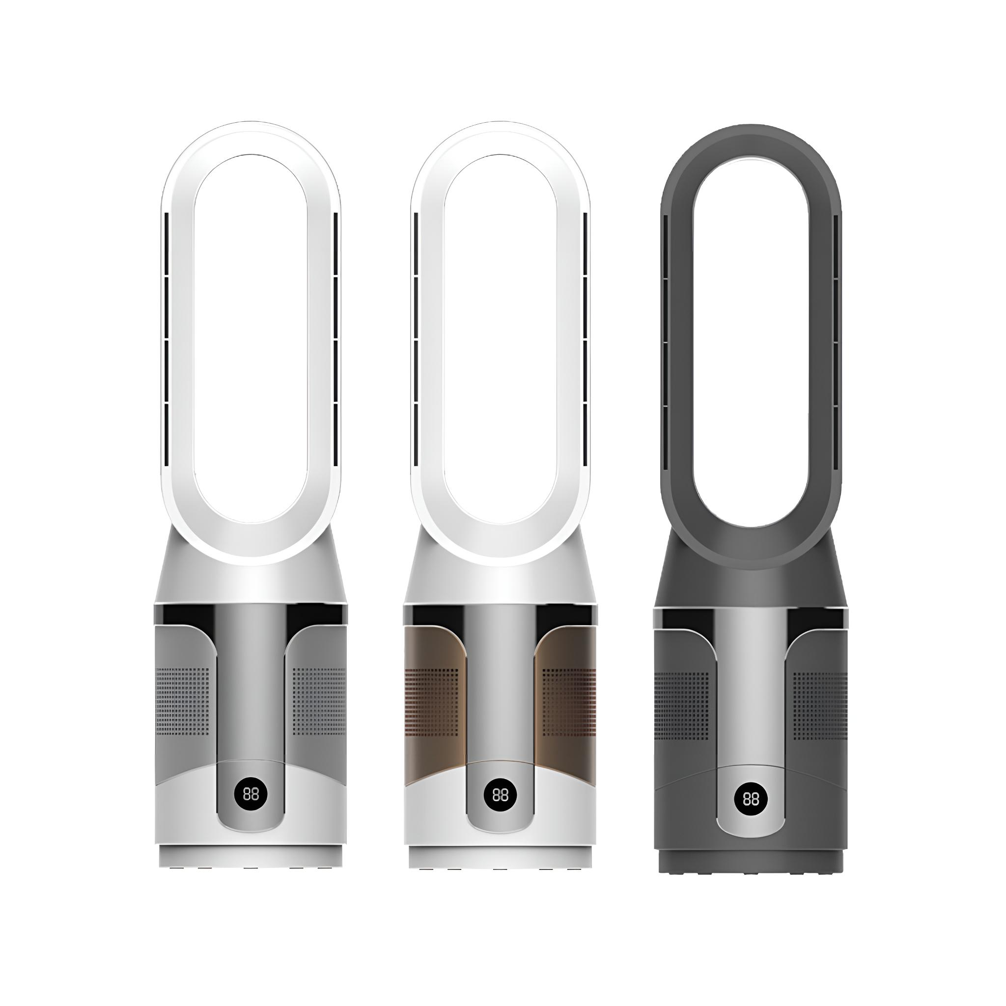 Drei Turmventilatoren in Weiß, Braun und Grau, mit Digitalanzeigen und gebogenem Design.