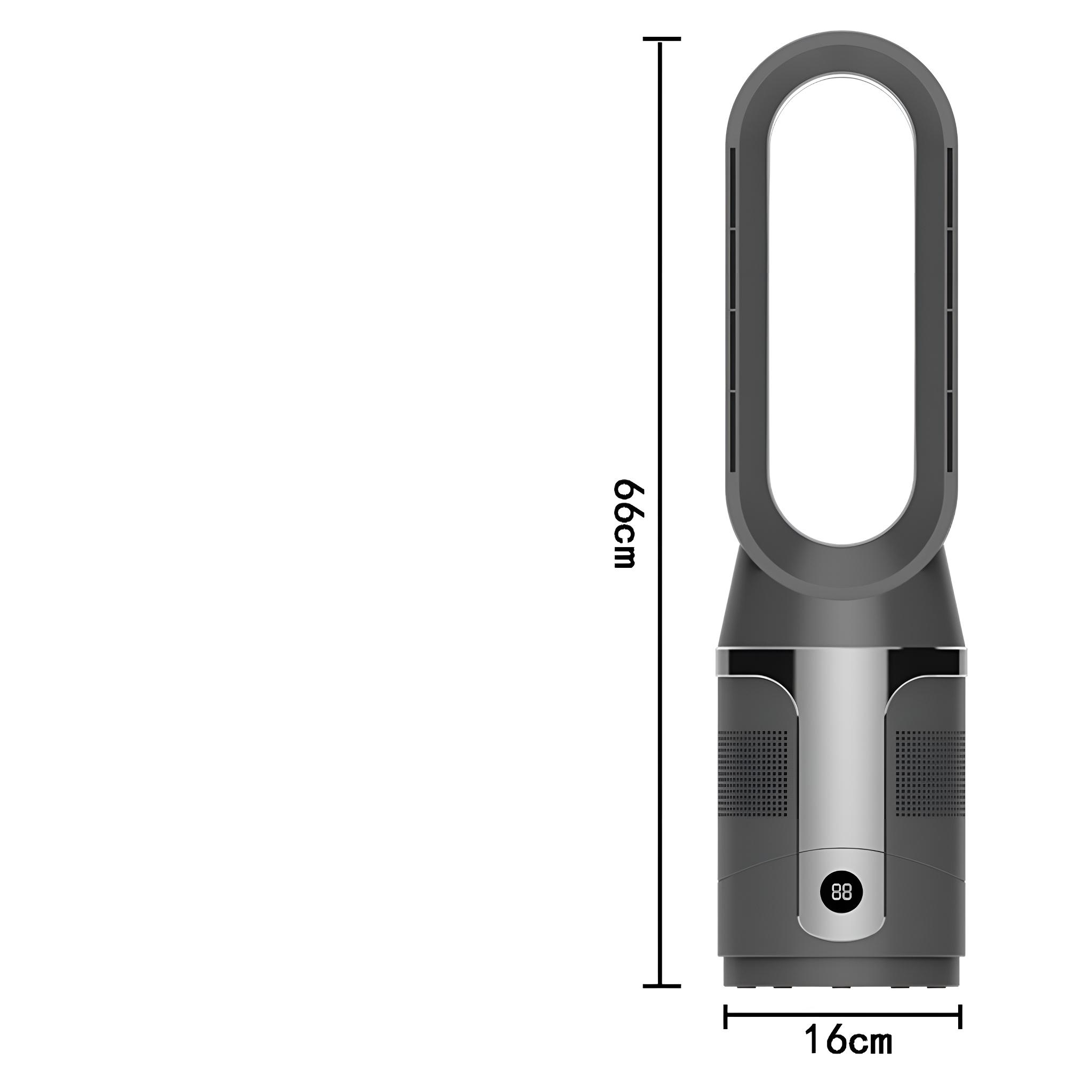 Ein grauer und silberner, blattloser Ventilator mit den Maßen 66 cm Höhe und 16 cm Breite.