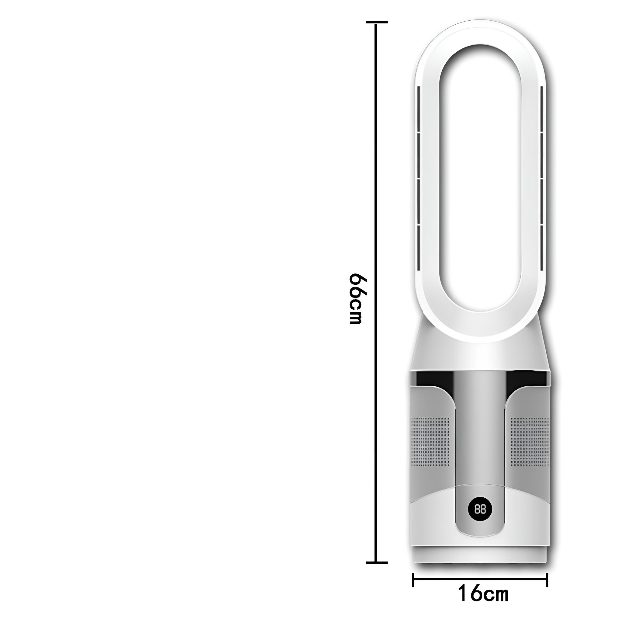 Weiß-grauer Luftreiniger mit Maßen: 66cm hoch, 16cm breit. Er hat ein ovales Design.