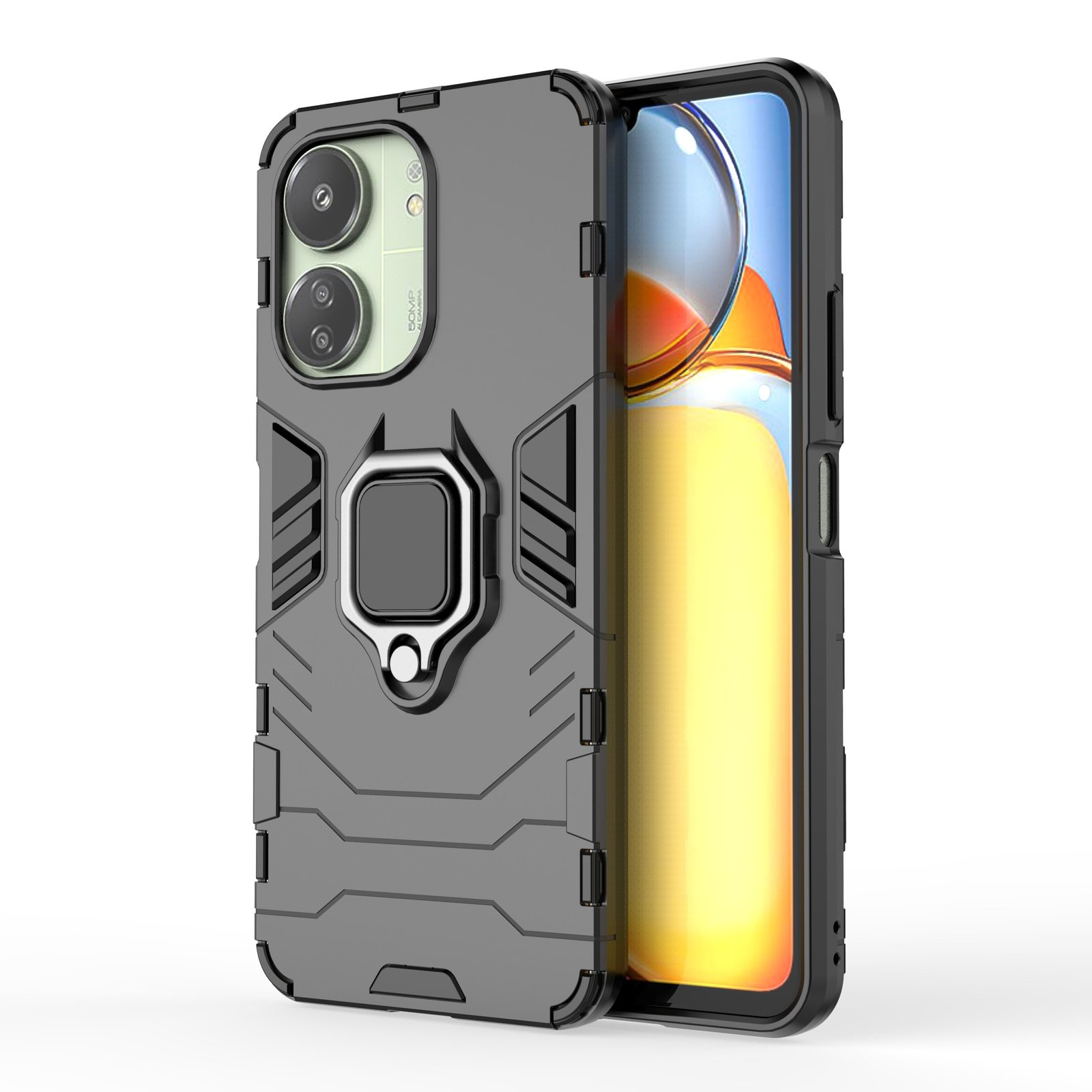 Funda protectora gris con soporte y teléfono dentro.