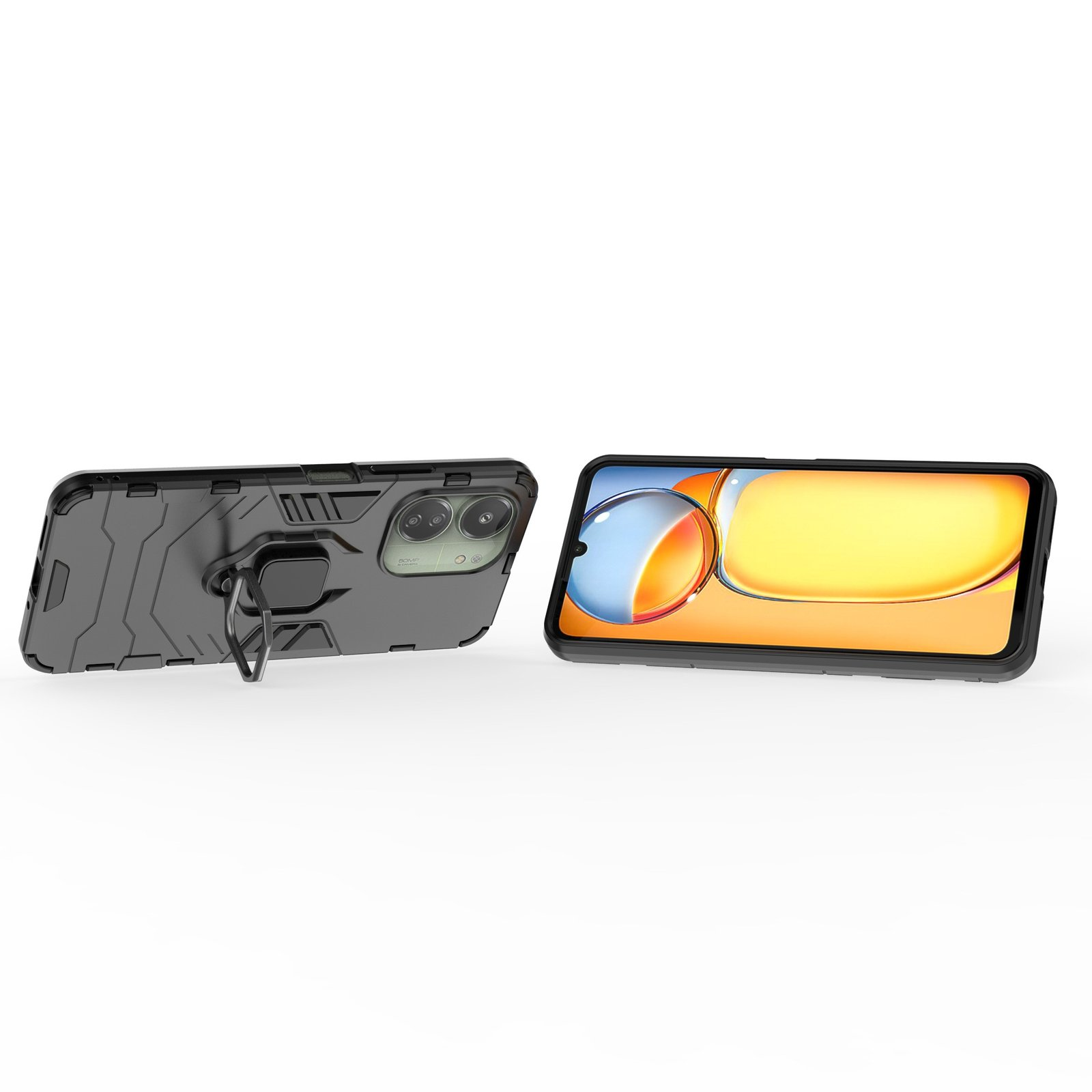 Funda de teléfono negra con soporte de anillo y teléfono. Fondo blanco.