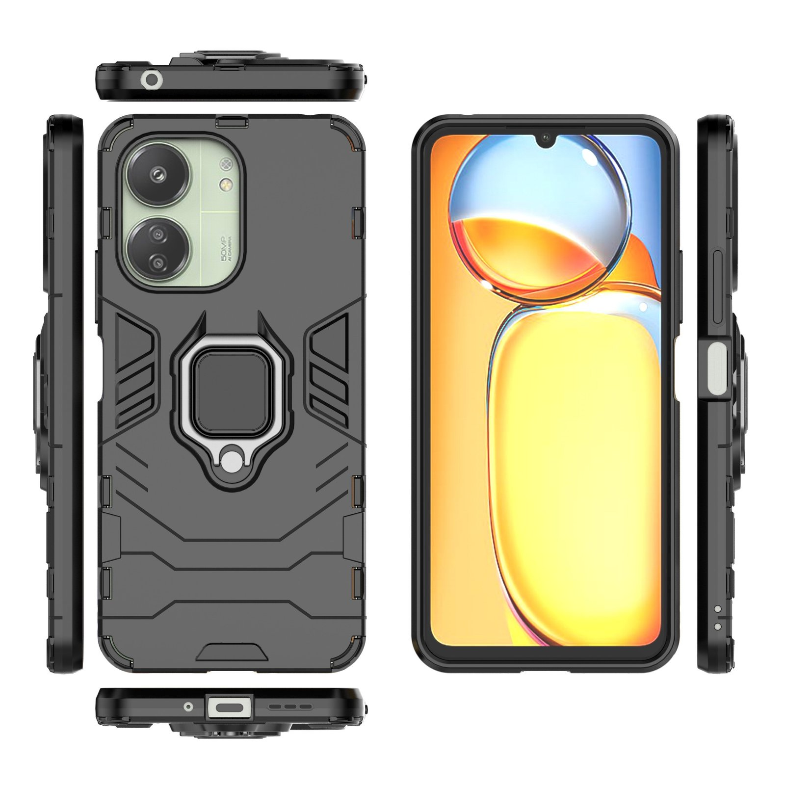Funda y teléfono con pantalla. La funda es negra con detalles negros. La pantalla tiene fondo amarillo.