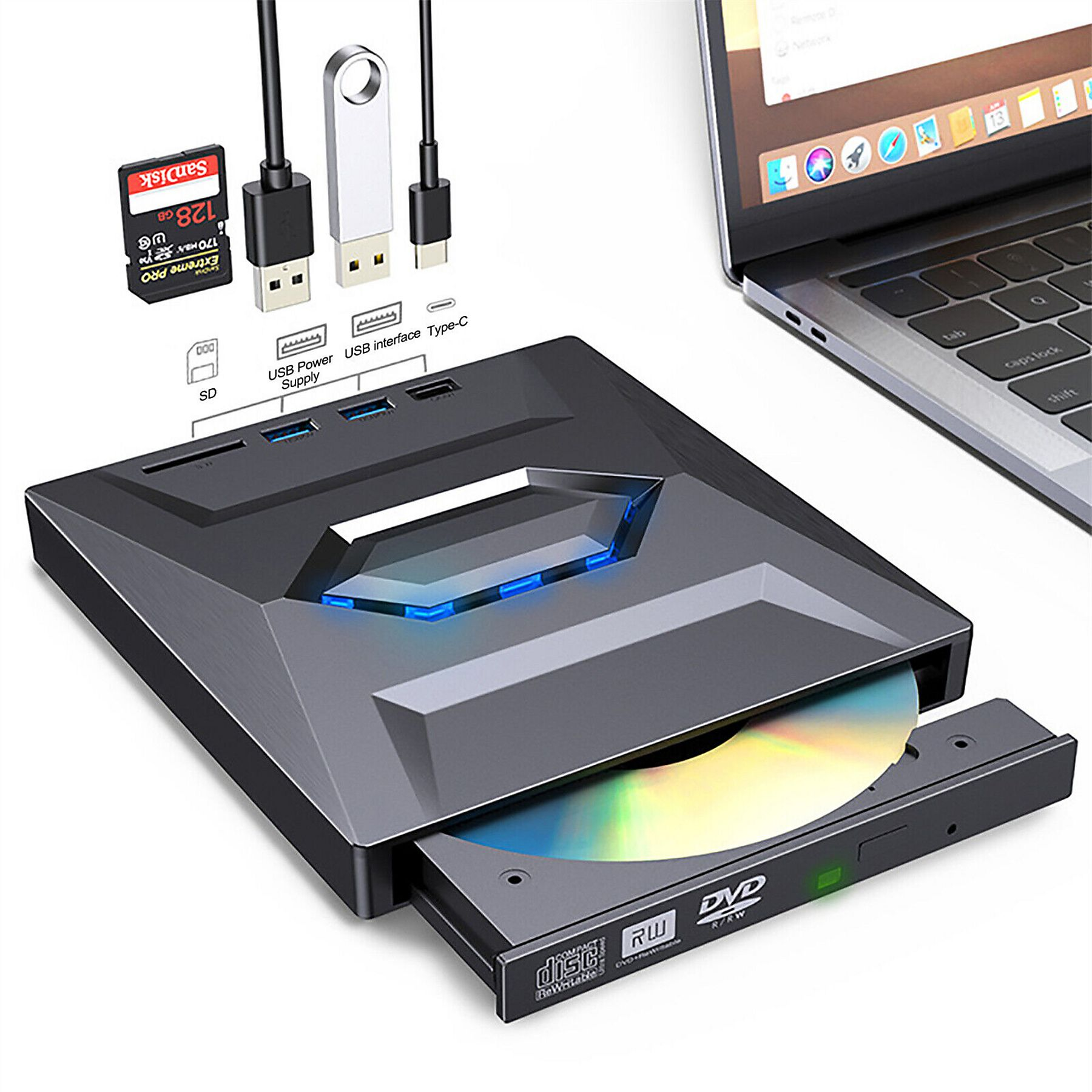 Ein schwarzes DVD-Laufwerk mit Karten. Dahinter ist ein Laptop zu sehen.