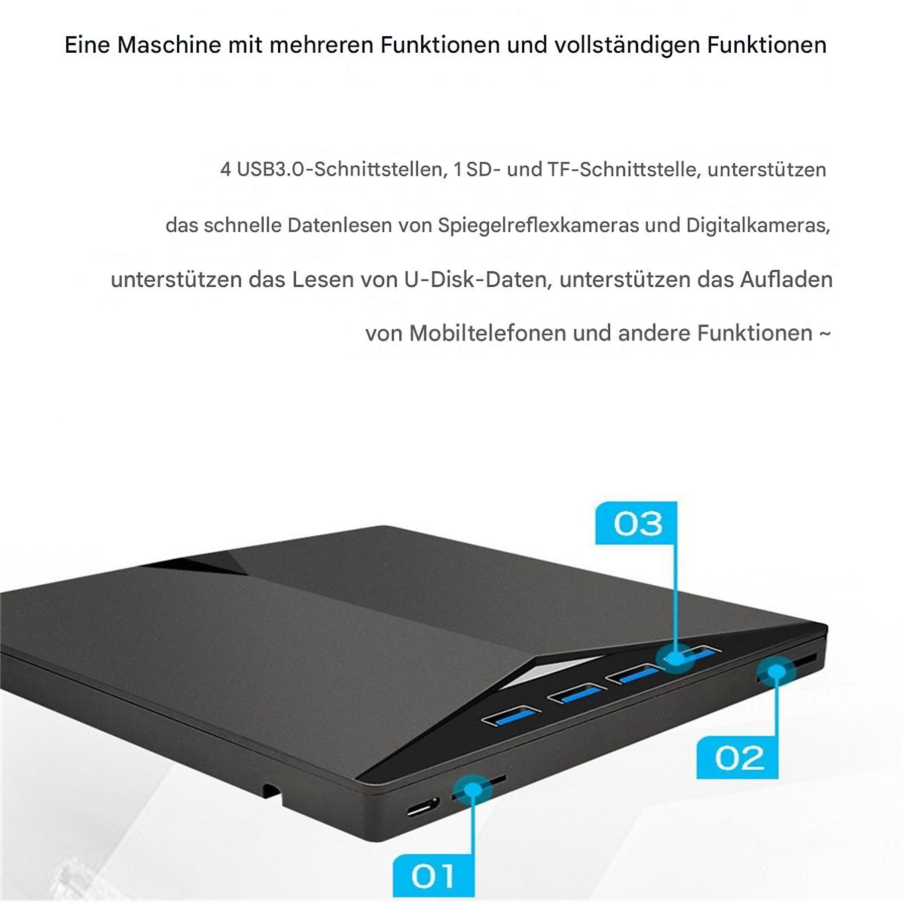 Schwarzes elektronisches Gerät mit USB-Anschlüssen, beschriftet 01, 02 und 03.