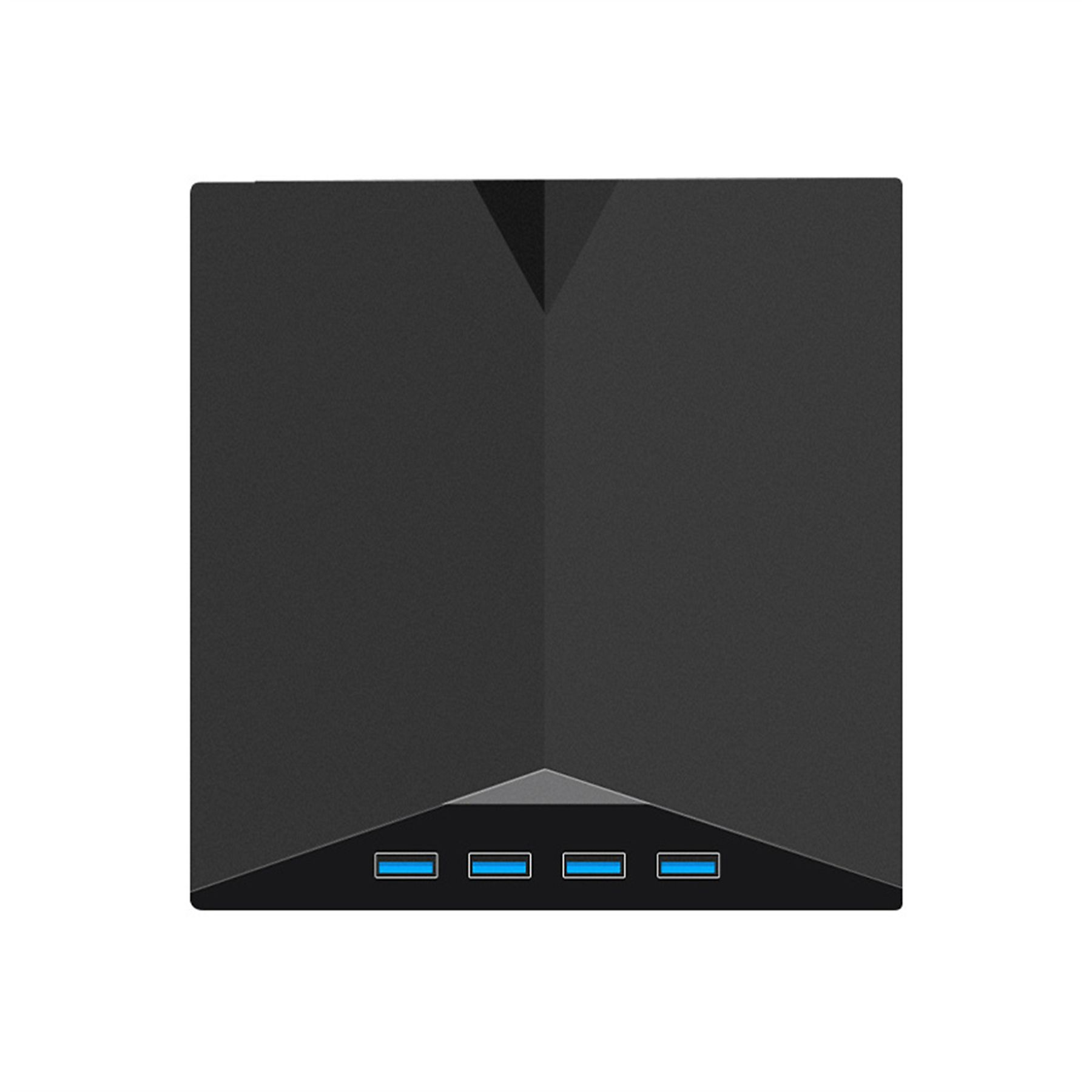 Schwarzes PC-Gehäuse mit quadratischem Design. Verfügt über eine dreieckige Oberseite und vier blaue USB-Anschlüsse unten.