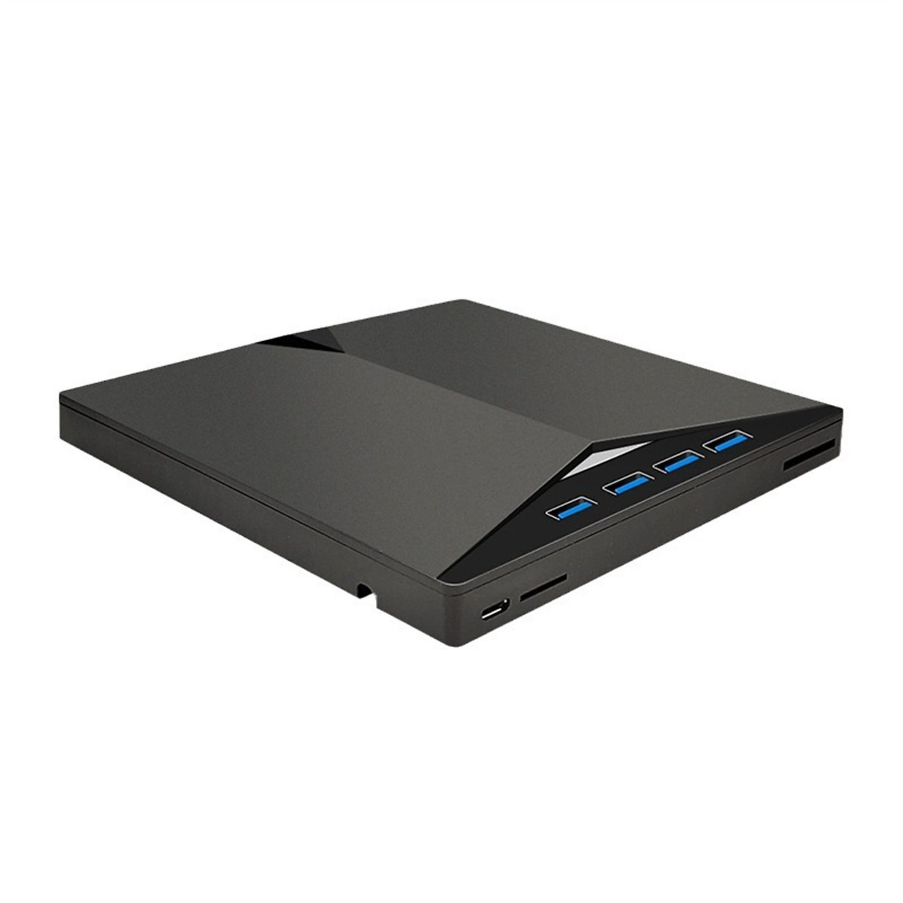 Ein schwarzes elektronisches Gerät mit USB-Anschlüssen und elegantem Design.