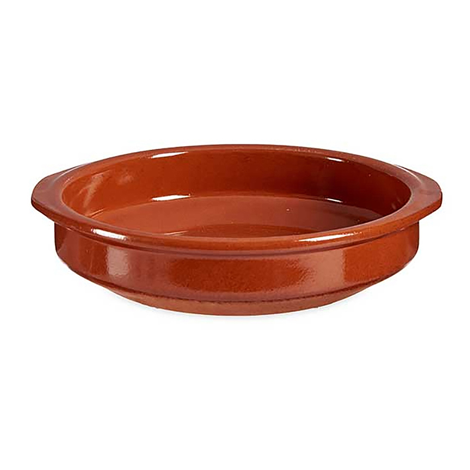 Piatto da portata rotondo color terracotta con bordi rialzati.